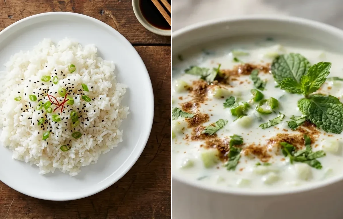 Steamed White Rice with Baked Salmon, Cucumber Raita and Sprouted Kala Chana Chaat
