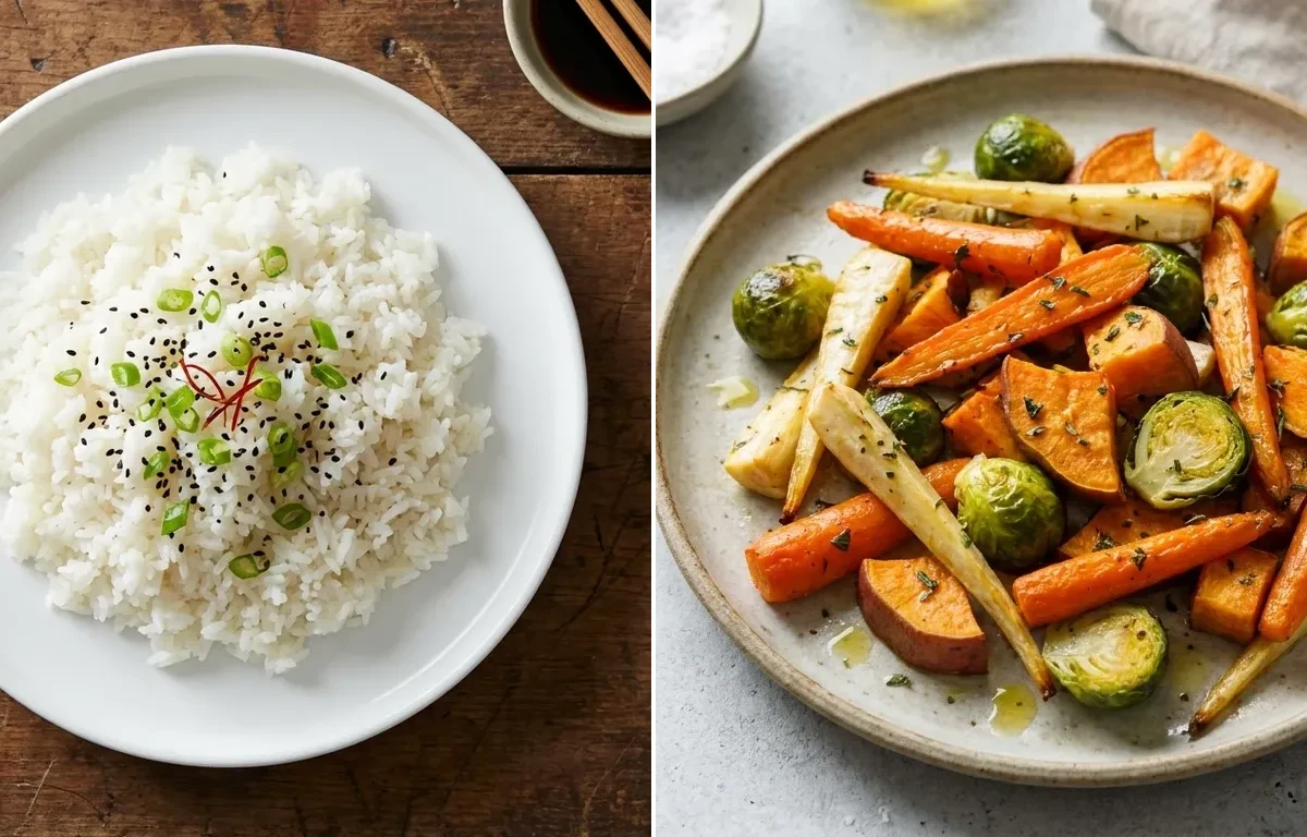 Steamed White Rice with Baked Salmon, Roasted Veg and Avocado Half