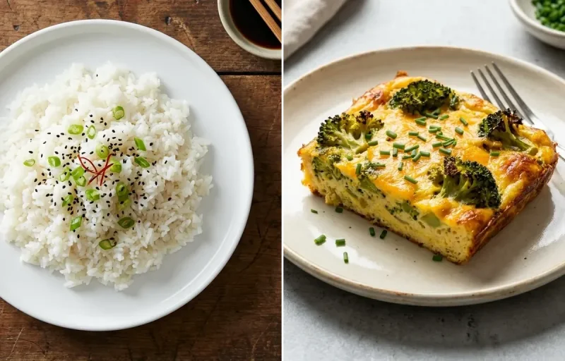 Steamed White Rice with Broccoli Cheddar Egg Bake, Mashed Sweet Potato and Roasted Red Pepper Hummus