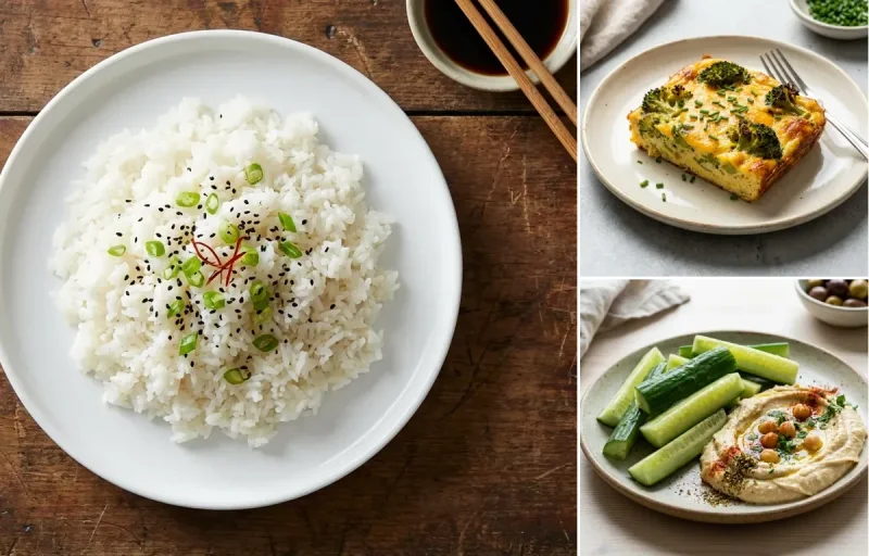 Steamed White Rice with Broccoli Cheddar Egg Bake, Vegan CKD Cucumber Carrot Sticks and Cucumber Sticks Hummus