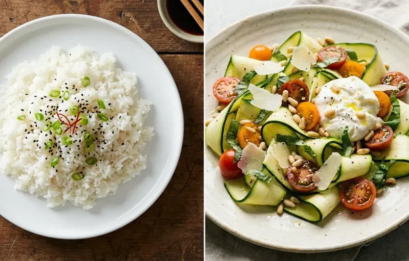 Steamed White Rice with Cottage Cheese Egg Bowl, Zucchini Ribbon Salad and Plain Hummus Portion