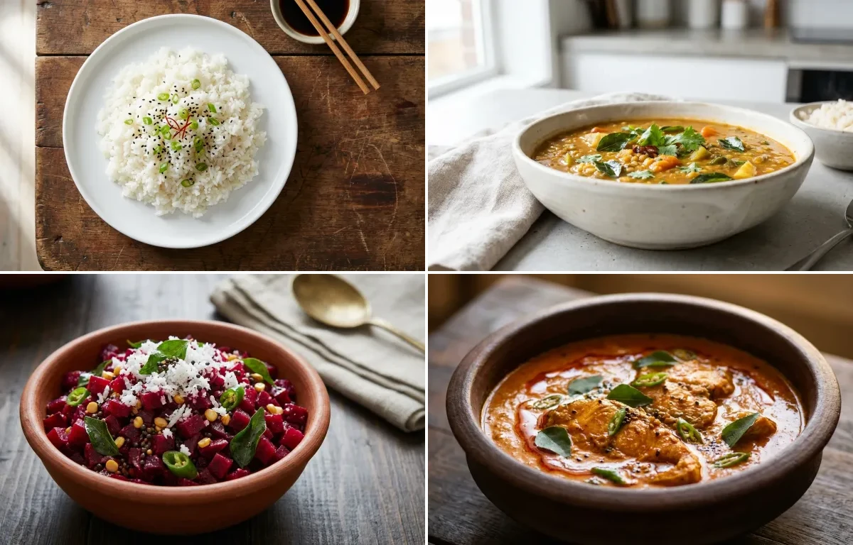 Steamed White Rice with Drumstick Sambar, Beetroot Poriyal, Fish Curry, Plain Yogurt Cup and Cilantro Coconut Chutney