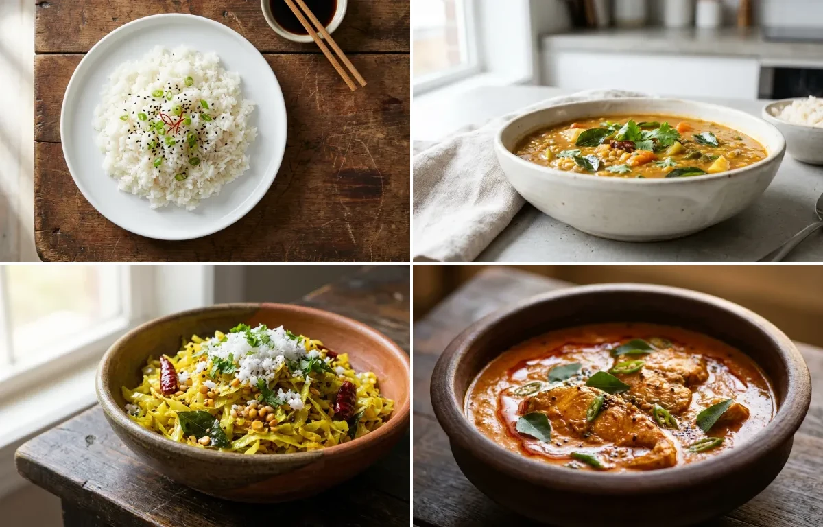 Steamed White Rice with Drumstick Sambar, Cabbage Poriyal, Fish Curry, Curd Rice Snack Bowl and Tomato Garlic Chutney