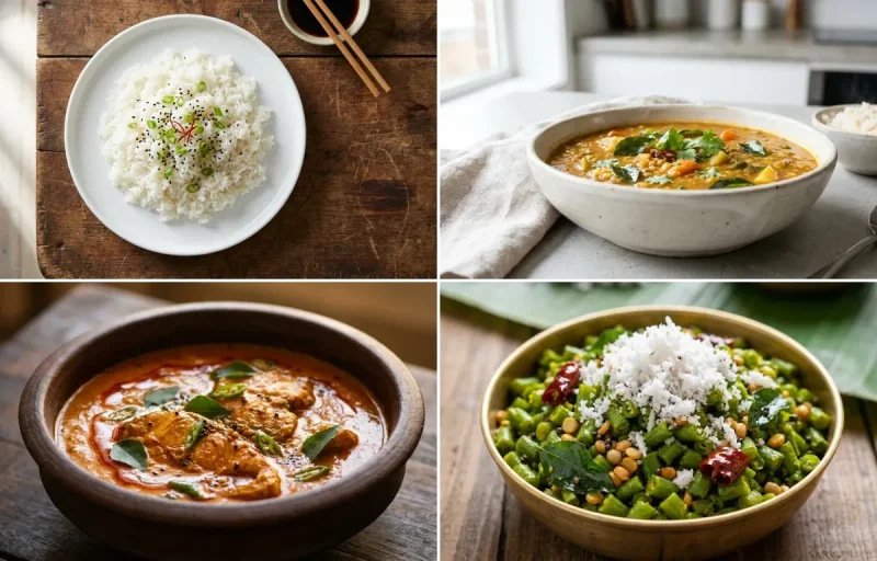 Steamed White Rice with Drumstick Sambar, Fish Curry, Beans Poriyal and Plain Yogurt Cup