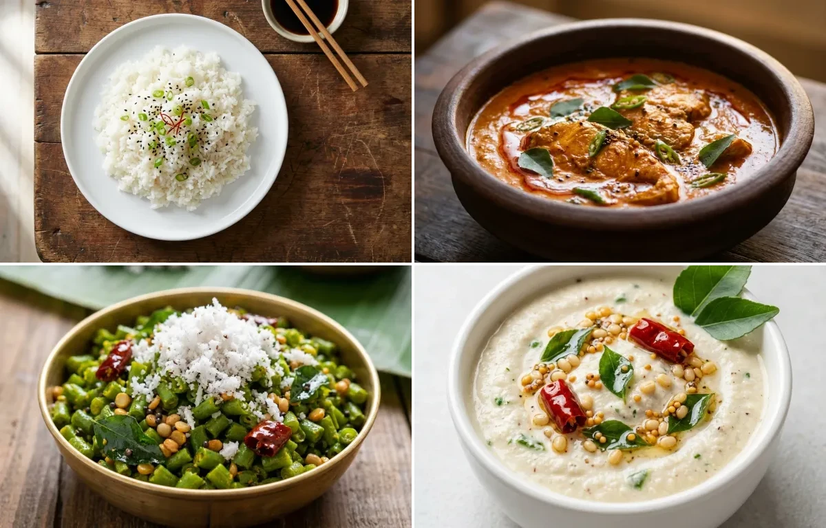 Steamed White Rice with Fish Curry, Beans Poriyal, Curd Rice Snack Bowl and Coconut Chutney