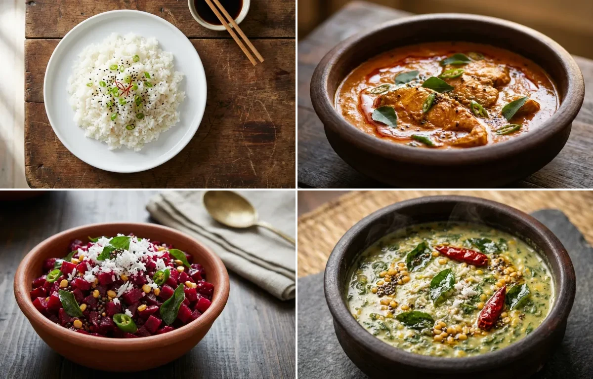 Steamed White Rice with Fish Curry, Beetroot Poriyal, Keerai Kootu, Curd Rice Snack Bowl and Coconut Chutney No-Salt