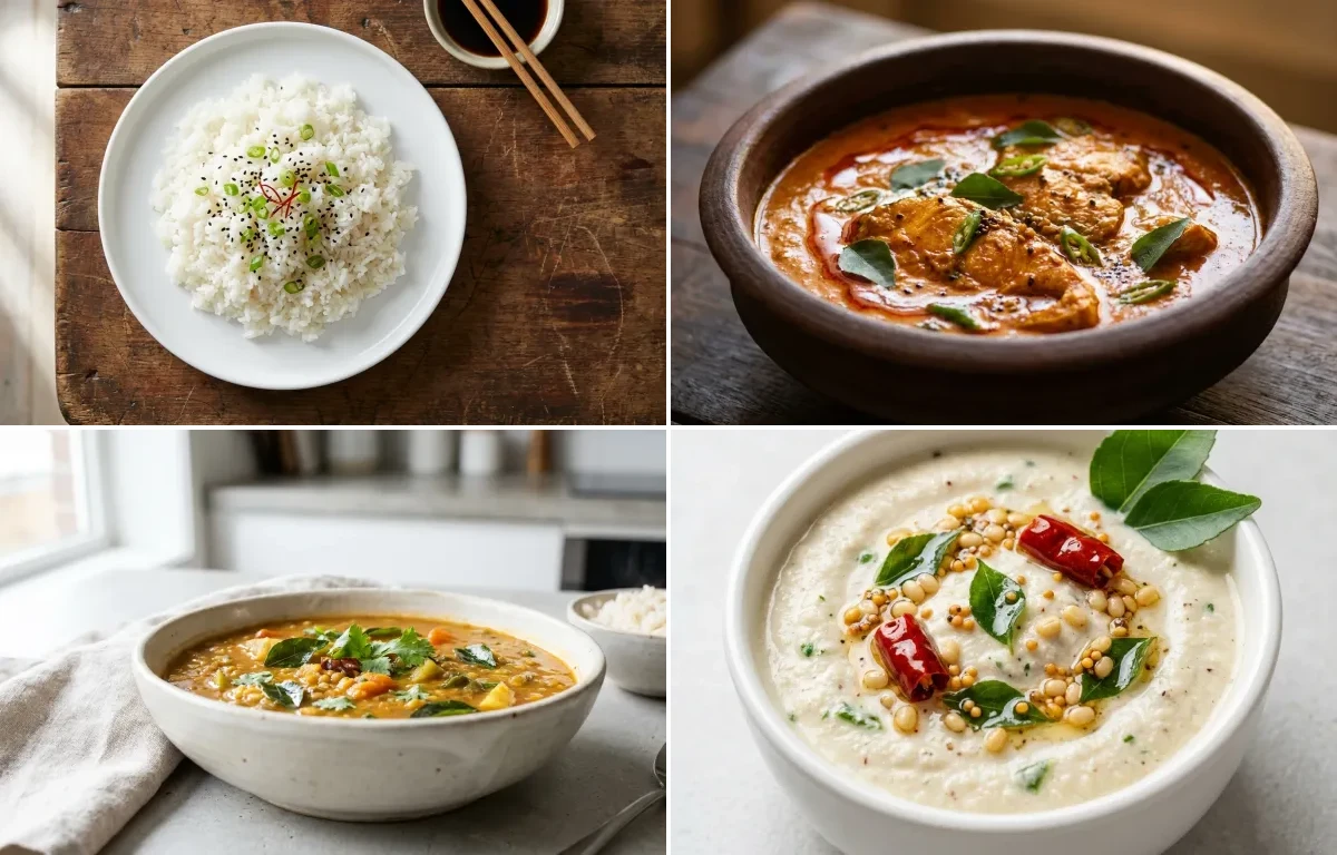 Steamed White Rice with Fish Curry, Mashed Sweet Potato, Drumstick Sambar, Curd Rice Snack Bowl and Coconut Chutney