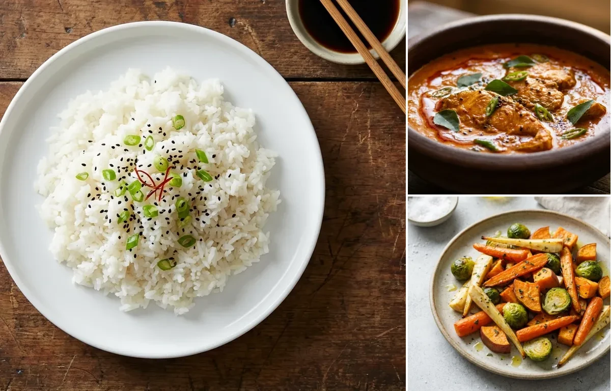 Steamed White Rice with Fish Curry, Roasted Veg, Curd Rice Snack Bowl and Coriander Coconut Chutney