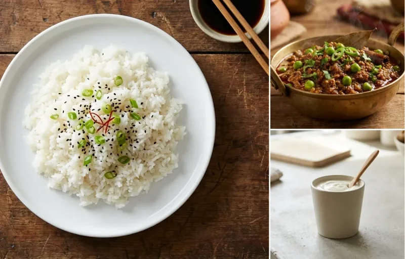 Steamed White Rice with Keema Matar, Plain Yogurt Cup and Carrot Cucumber Salad With Lemon