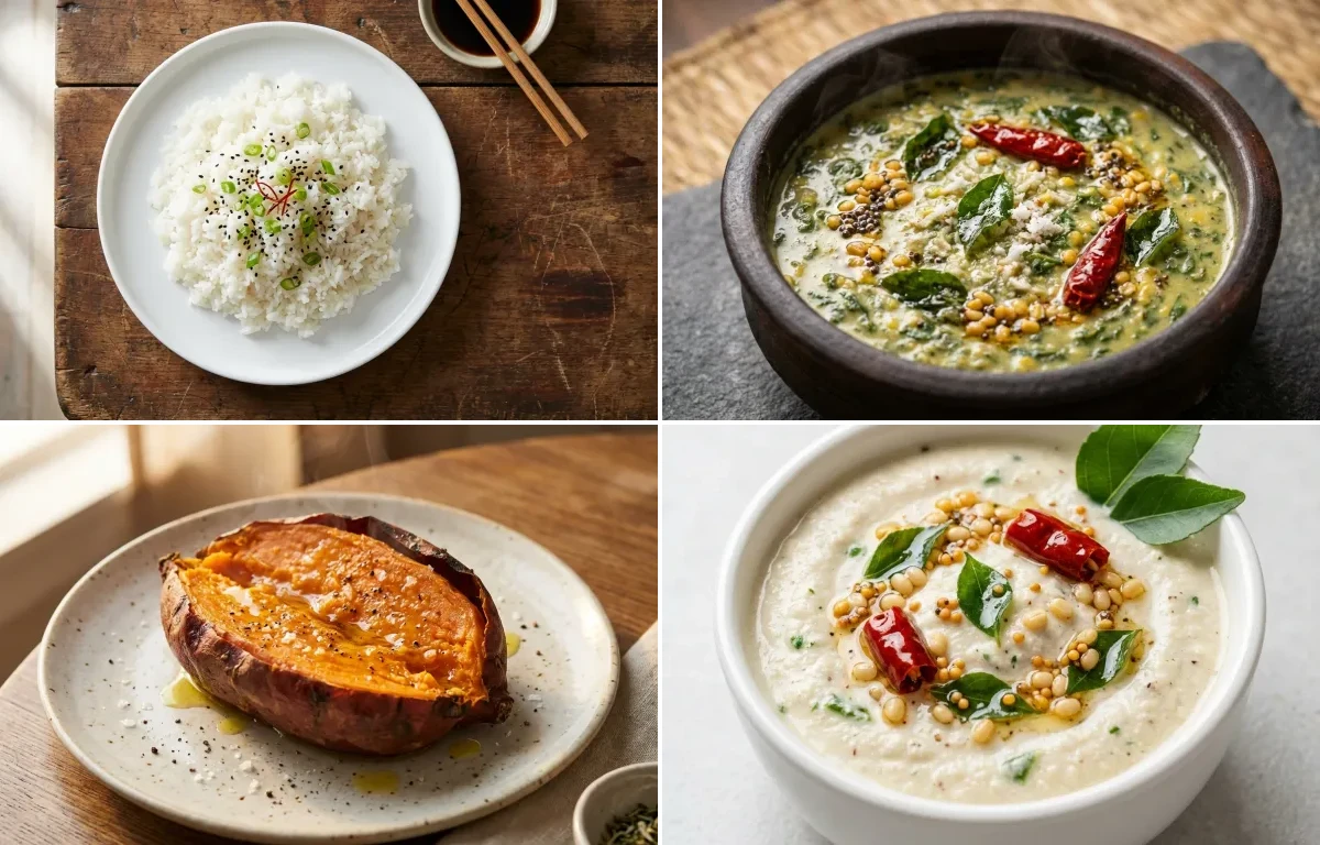 Steamed White Rice with Keerai Kootu, Baked Sweet Potato, Prawn Curry, Curd Rice Snack Bowl and Coconut Chutney