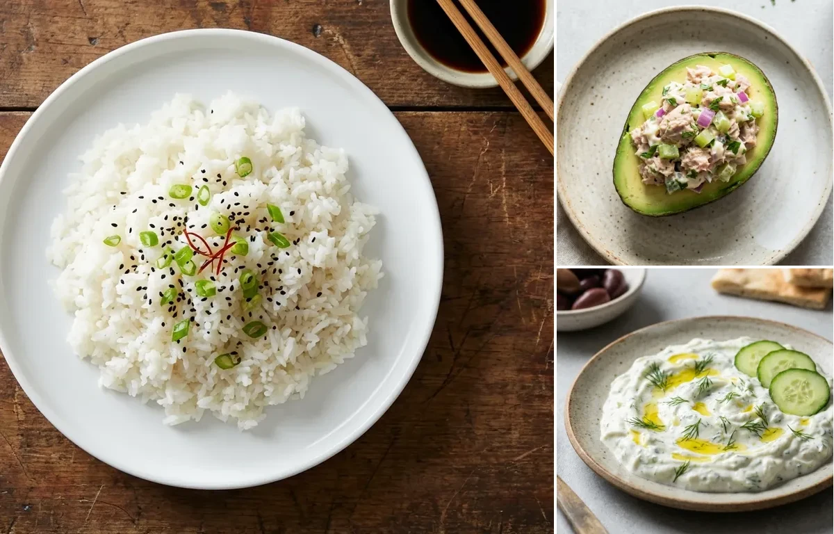 Steamed White Rice with Keto Tuna Salad In Avocado Boat, Vegan Low-Ox Apple Cabbage Salad and Tzatziki Sauce
