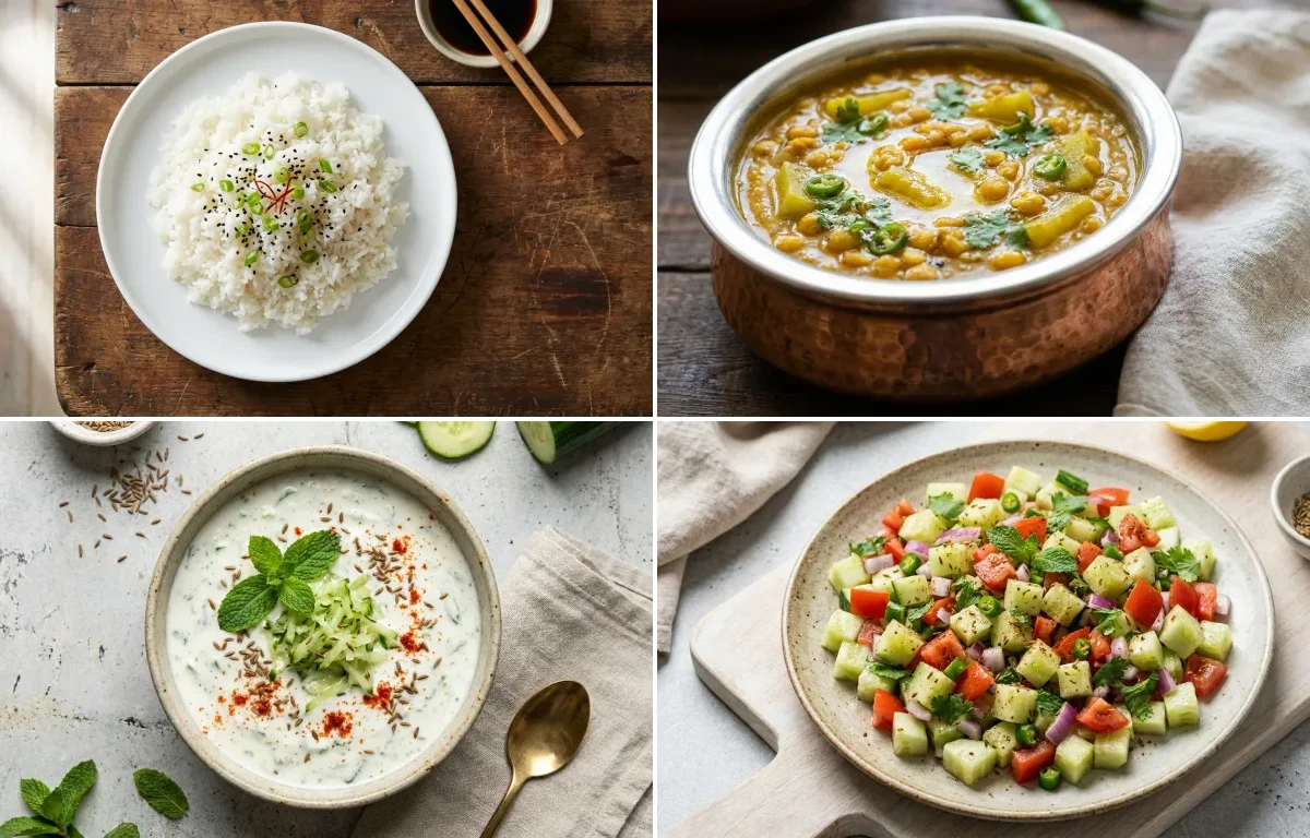 Steamed White Rice with Lauki Chana Dal, Egg Bhurji Main, Cucumber Mint Raita and No-Salt Lemon Cucumber Kachumber