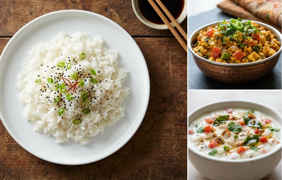 Steamed White Rice with Paneer Bhurji, Onion Tomato Raita and Sprouted Kala Chana Chaat