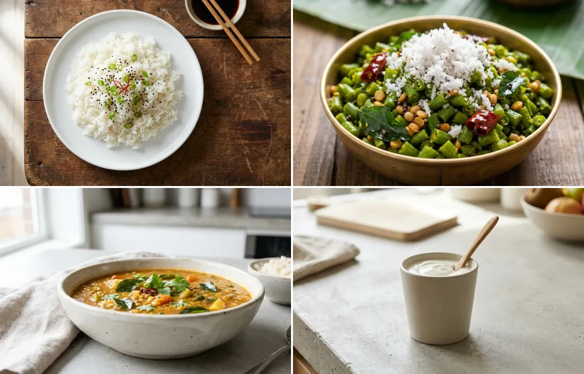Steamed White Rice with Prawn Curry, Beans Poriyal, Drumstick Sambar, Plain Yogurt Cup and Coconut Chutney No-Salt
