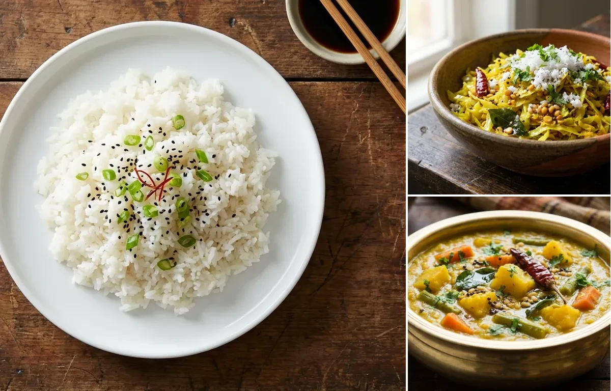 Steamed White Rice with Prawn Curry, Cabbage Poriyal, Vegetable Kootu, Curd Rice Snack Bowl and Tomato Garlic Chutney
