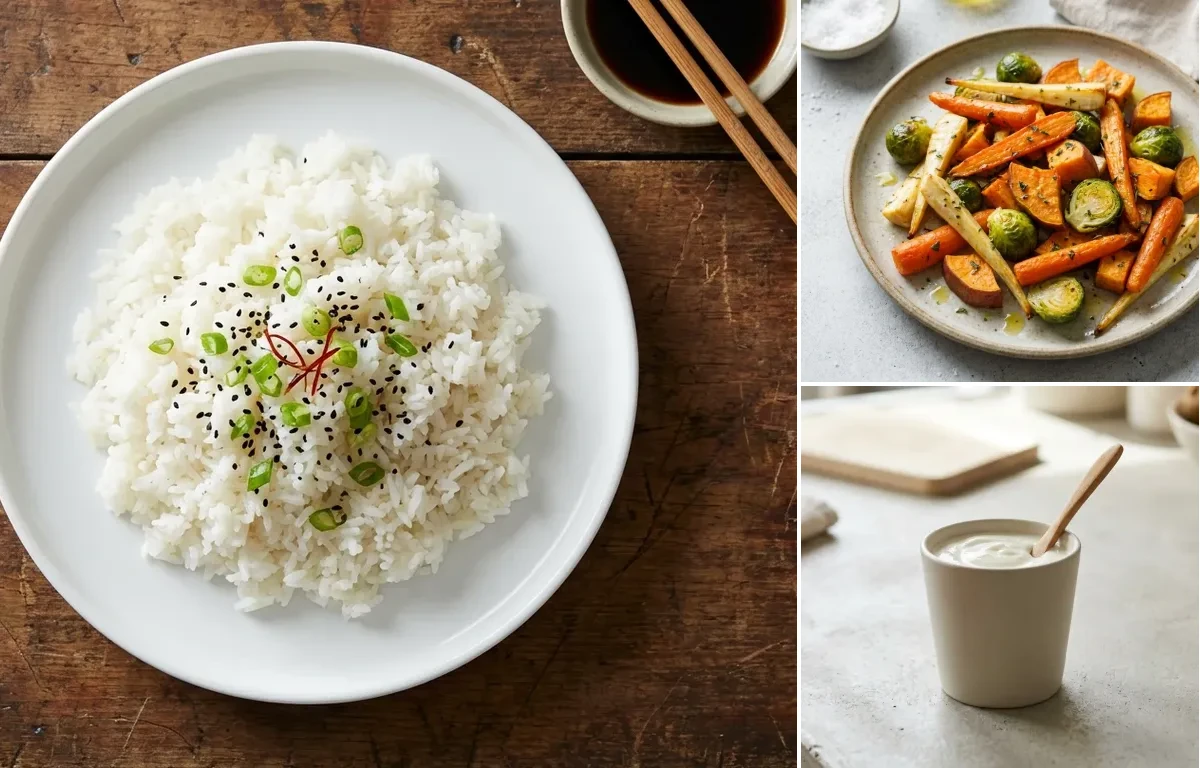 Steamed White Rice with Prawn Curry, Roasted Veg, Plain Yogurt Cup and Cilantro Coconut Chutney