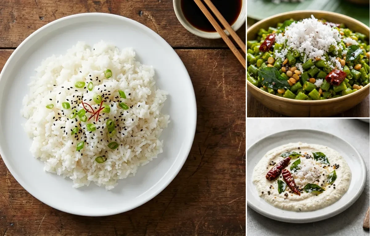 Steamed White Rice with Tamil Lemon Rasam, Beans Poriyal, Prawn Curry, Curd Rice Snack Bowl and Coconut Chutney No-Salt