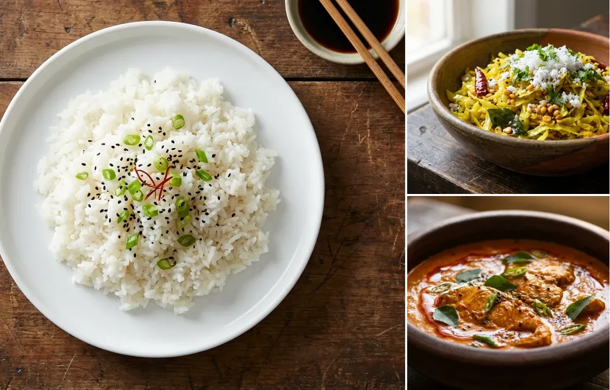 Steamed White Rice with Tamil Lemon Rasam, Cabbage Poriyal, Fish Curry, Curd Rice Snack Bowl and Coriander Coconut Chutney