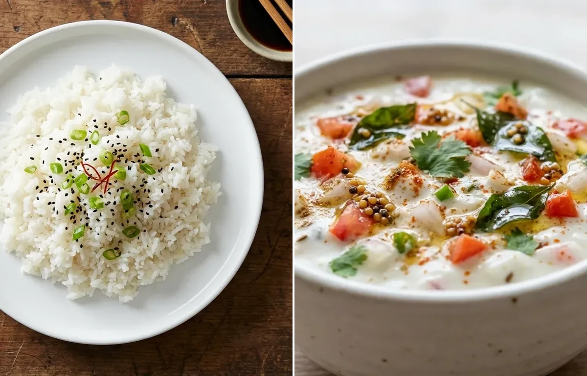 Steamed White Rice with Toor Dal Tadka, Egg Bhurji Main, Onion Tomato Raita and Carrot Cucumber Salad