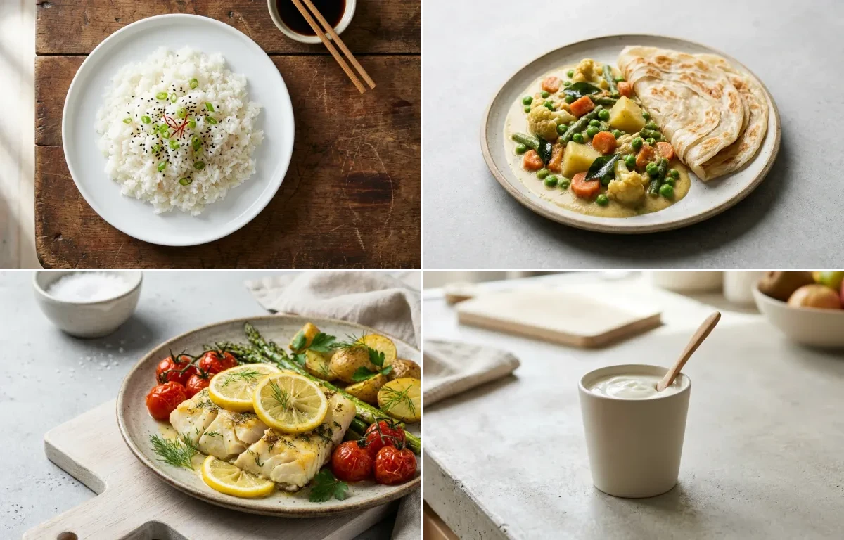 Steamed White Rice with Veg Kurma, Baked Cod With Lemon, Plain Yogurt Cup and Coconut Chutney