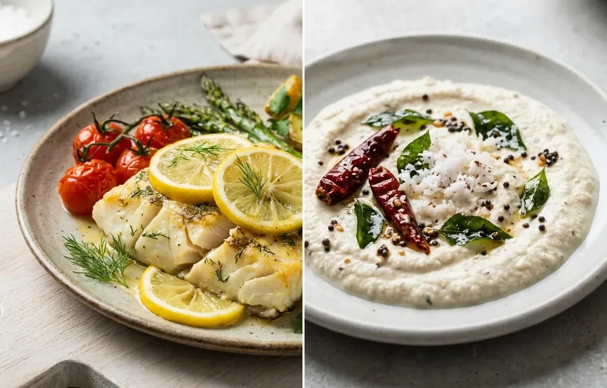 Steamed White Rice with Vegan Coconut Lentil Curry, Baked Cod With Lemon, Curd Rice Snack Bowl and Coconut Chutney No-Salt