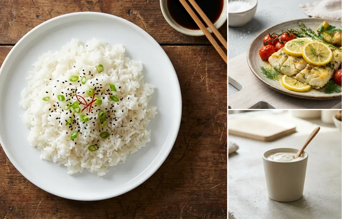 Steamed White Rice with Vegan Coconut Lentil Curry, Baked Cod With Lemon, Plain Yogurt Cup and Coconut Mint Chutney