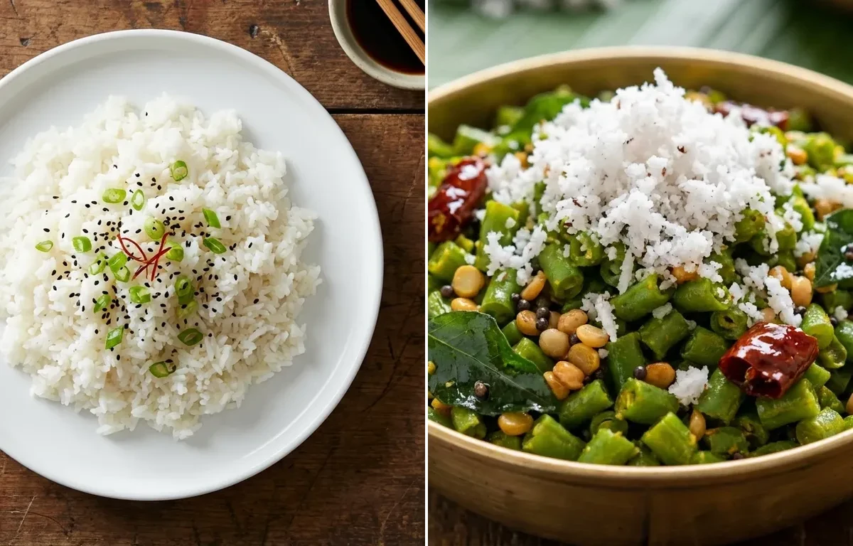 Steamed White Rice with Vegan Coconut Lentil Curry, Prawn Curry, Beans Poriyal and Curd Rice Snack Bowl