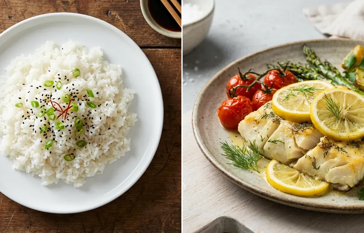 Steamed White Rice with Vegan Gerd Tofu Mild Stir, Baked Cod With Lemon and Avocado Half