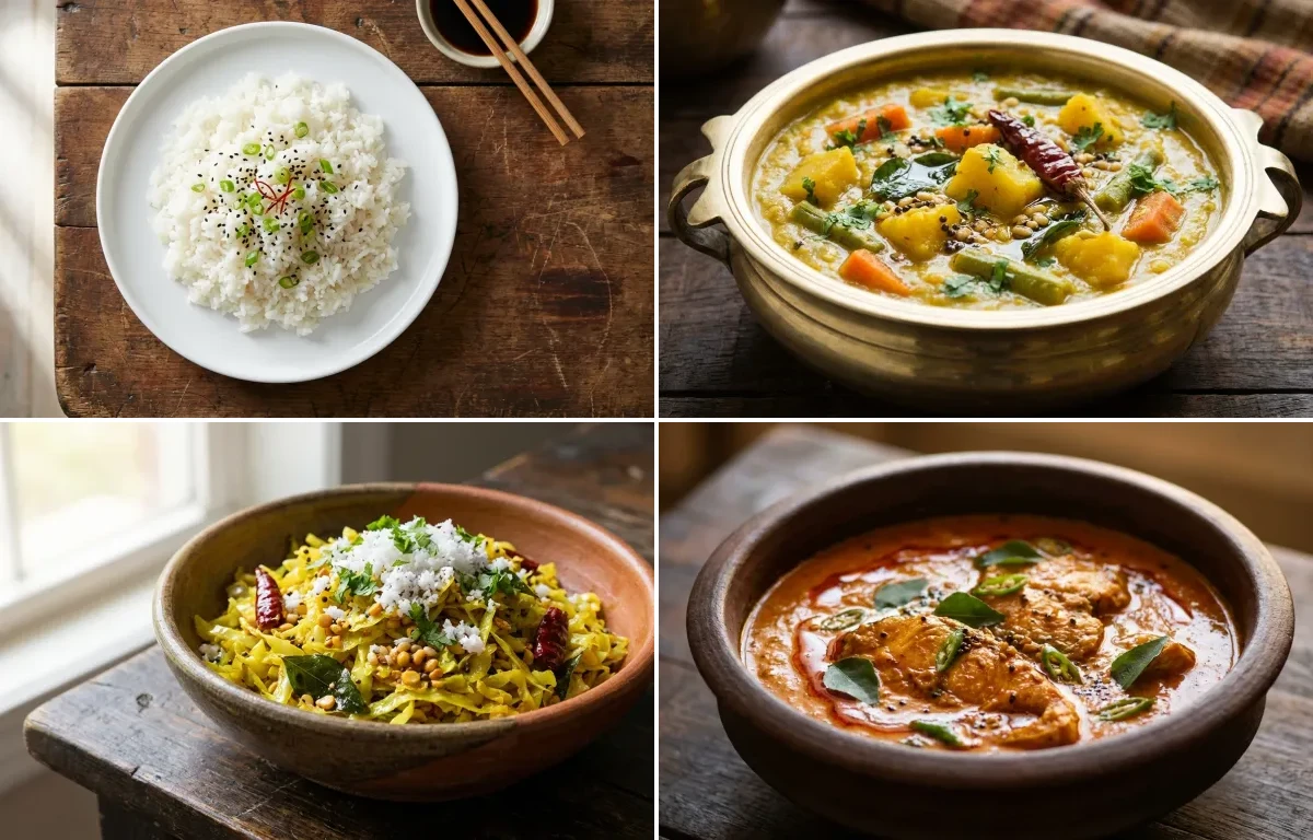 Steamed White Rice with Vegetable Kootu, Cabbage Poriyal, Fish Curry, Plain Yogurt Cup and Coriander Coconut Chutney