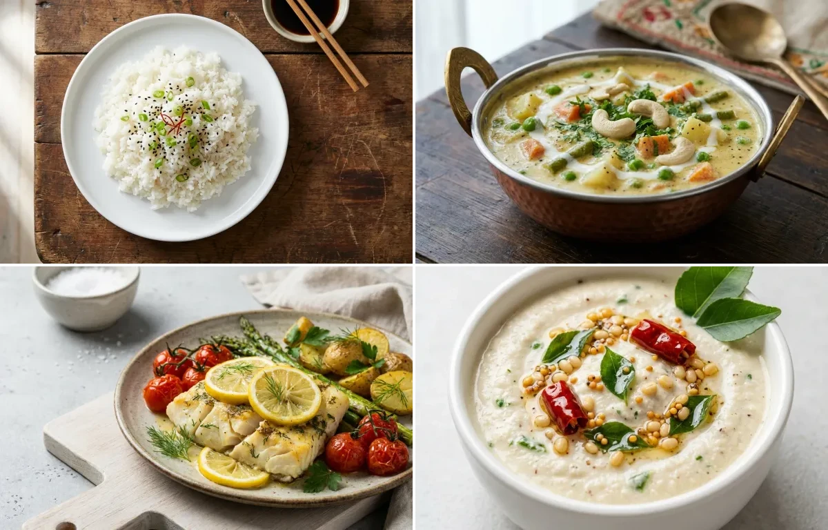 Steamed White Rice with Vegetable Korma, Baked Cod With Lemon, Curd Rice Snack Bowl and Coconut Chutney