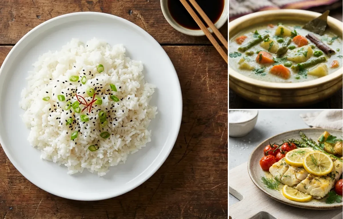Steamed White Rice with Vegetable Kurma and Baked Cod With Lemon