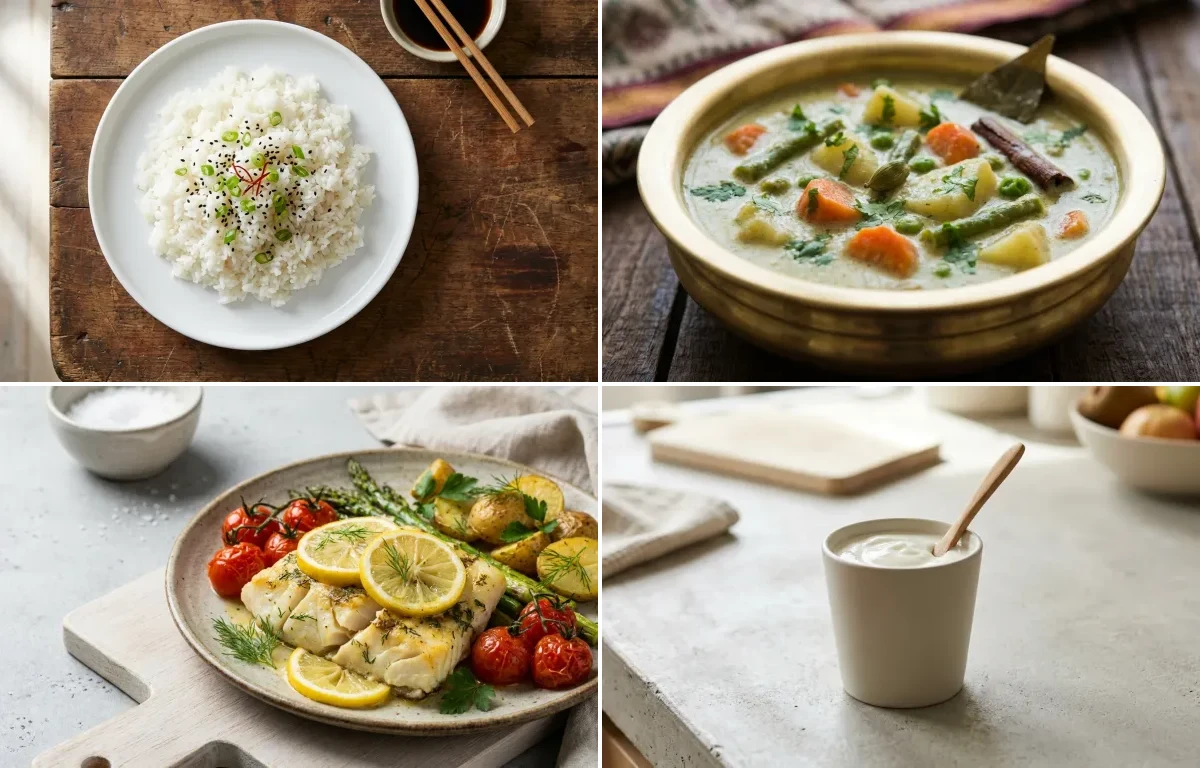Steamed White Rice with Vegetable Kurma, Baked Cod With Lemon, Plain Yogurt Cup and Coconut Chutney No-Salt