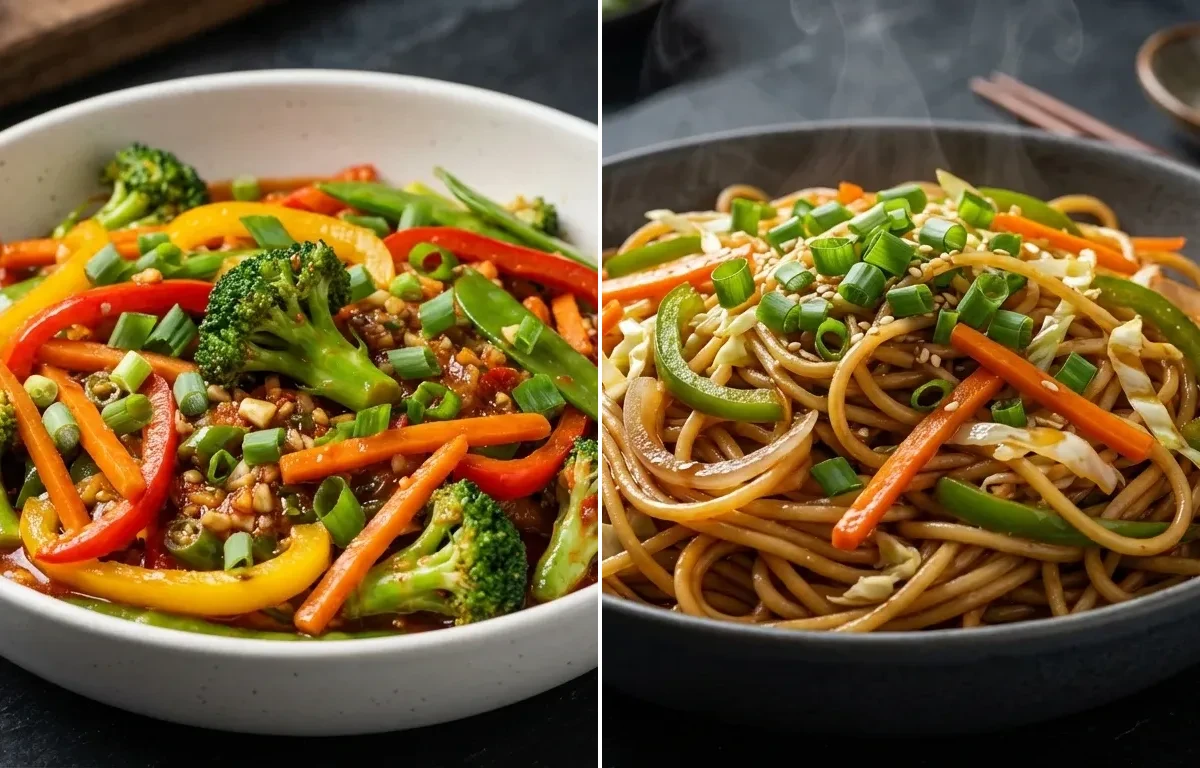 Stir Fried Vegetables in Schezwan Sauce with Vegetable Hakka Noodles