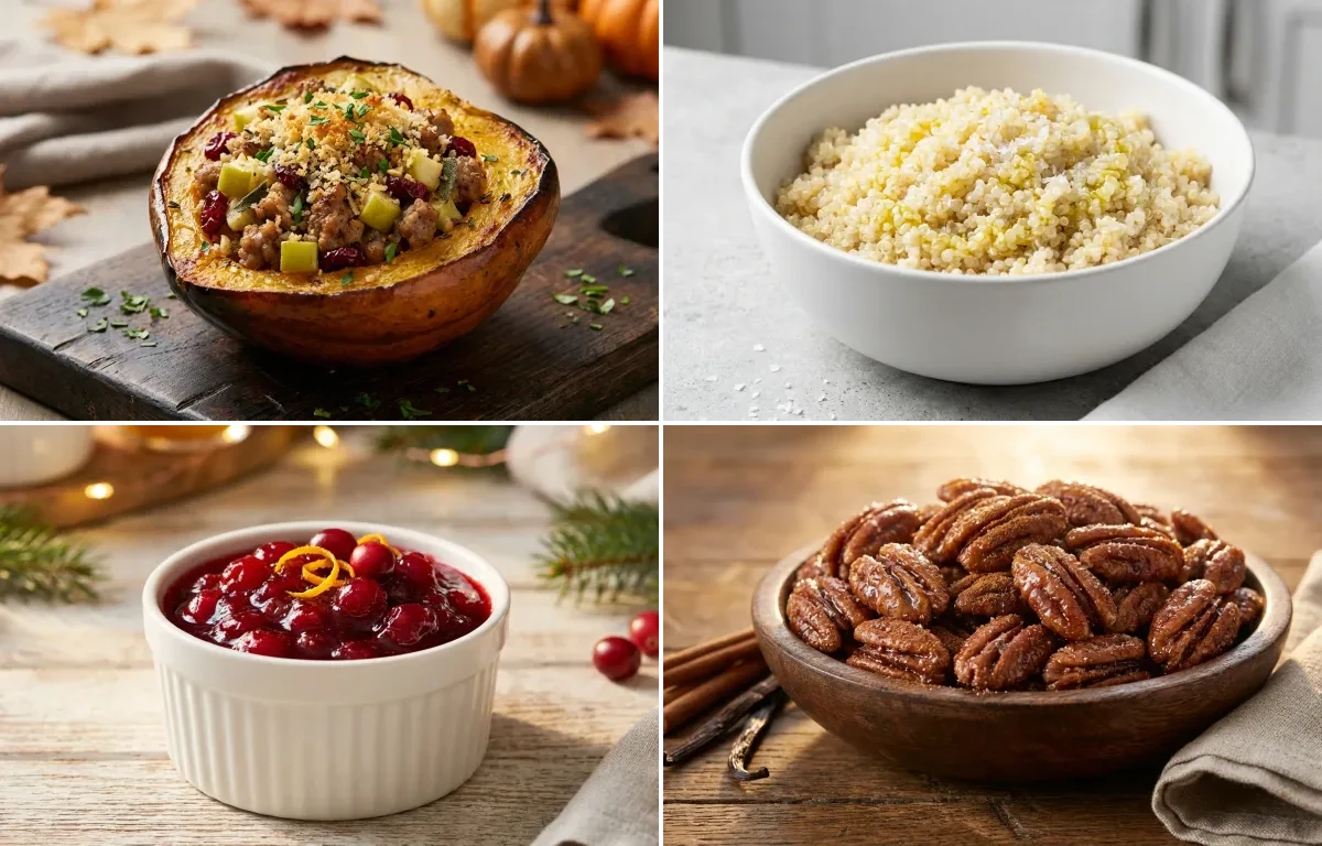 Stuffed Acorn Squash with Quinoa, Cranberry Sauce and Candied Pecans