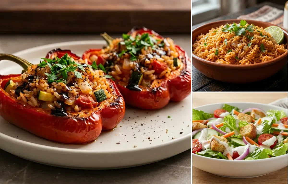 Stuffed Bell Peppers with Spanish Rice and Side Salad