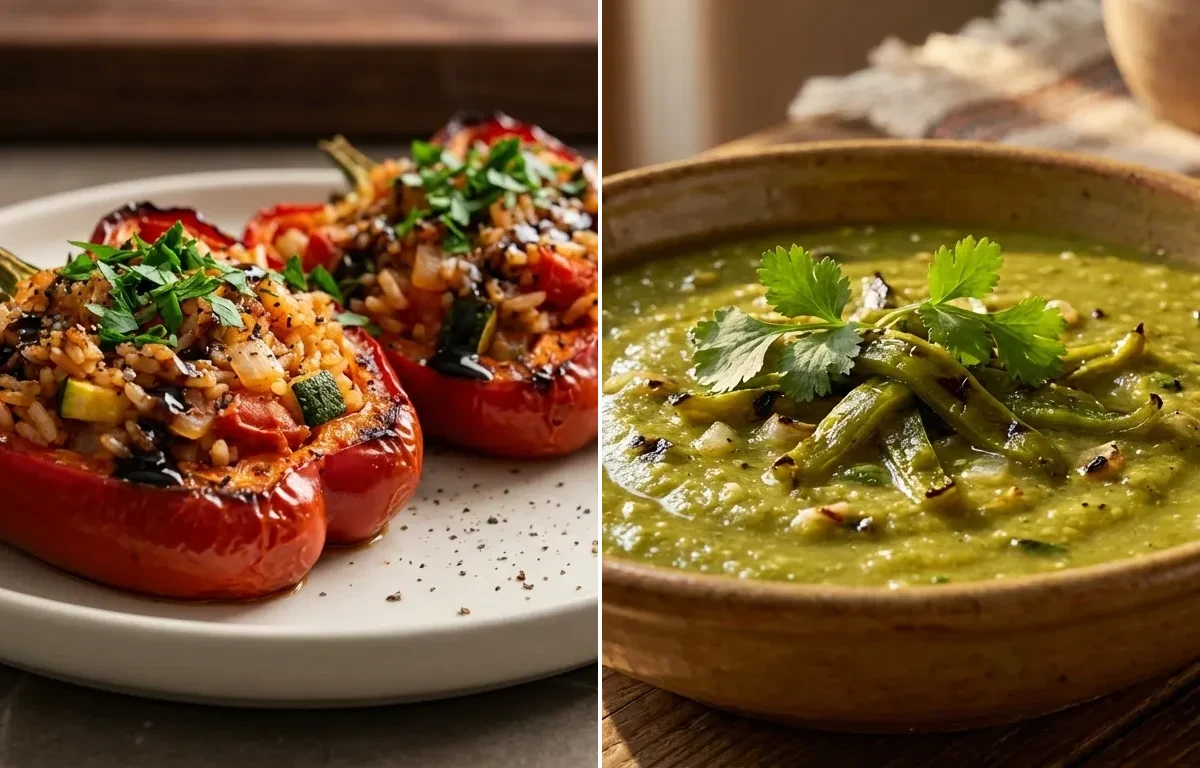 Stuffed Bell Peppers with Green Chile Sauce