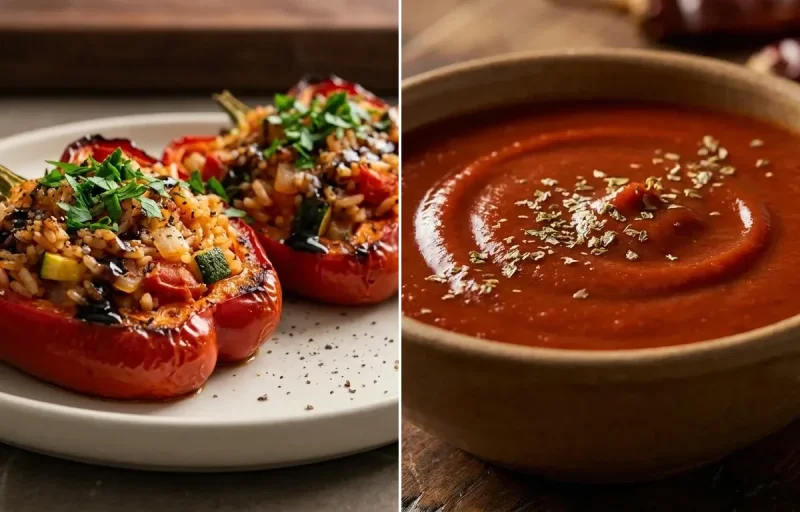Stuffed Bell Peppers with Red Chile Sauce