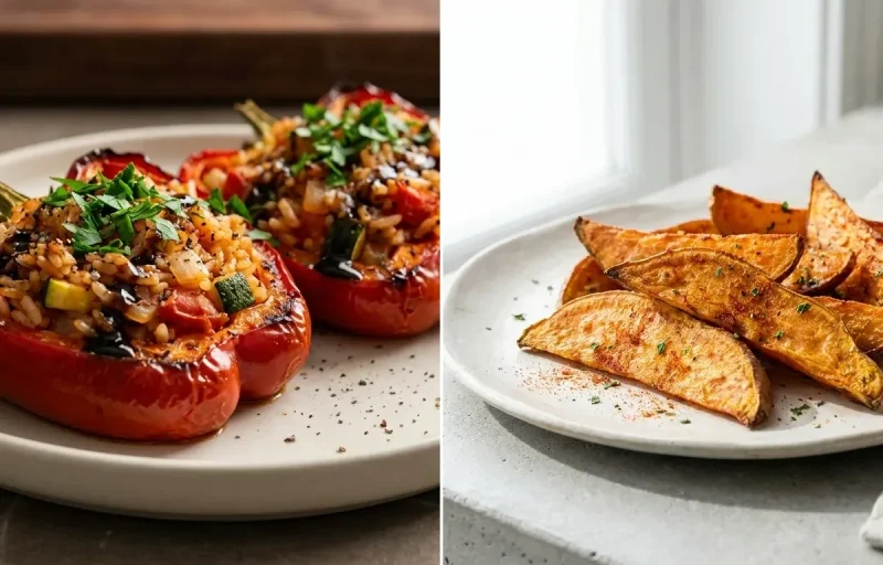 Stuffed Bell Peppers with Vegan Sweet Potato Wedges Baked