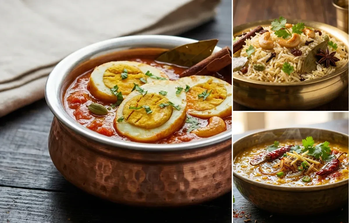 Stuffed Egg Curry with Ghee Rice and Dal Tadka