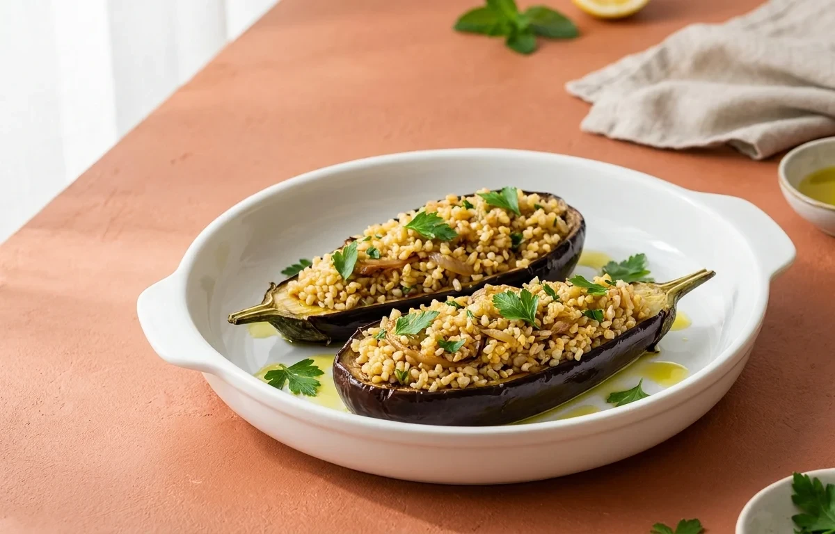 Stuffed Eggplant with Bulgur and Yogurt Mint Sauce
