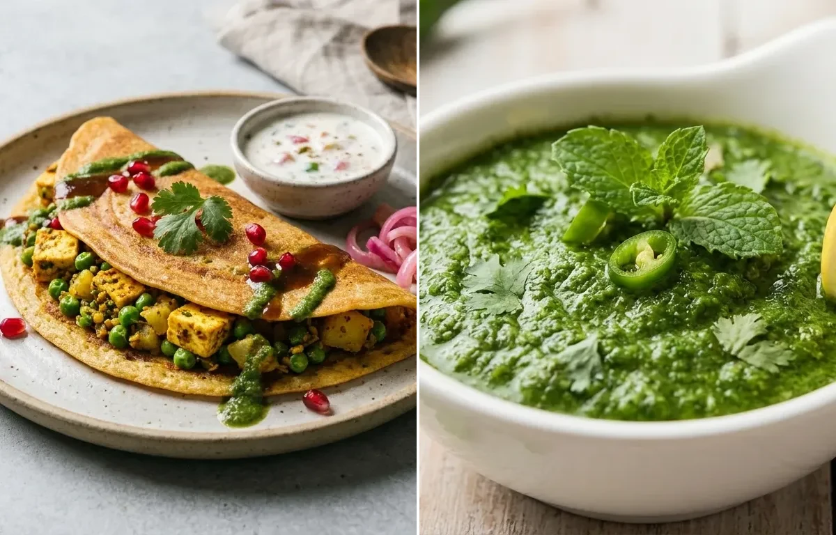 Stuffed Moong Dal Cheela with Mint Coriander Chutney