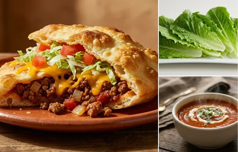 Stuffed Sopapilla with Ground Beef with Lettuce Leaves and Tomato Soup