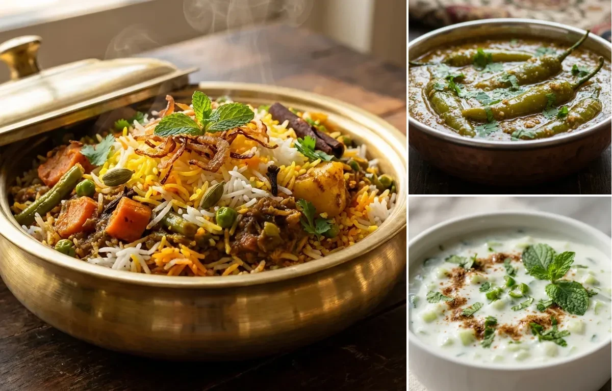 Subz Dum Biryani with Mirchi ka Salan and Cucumber Raita