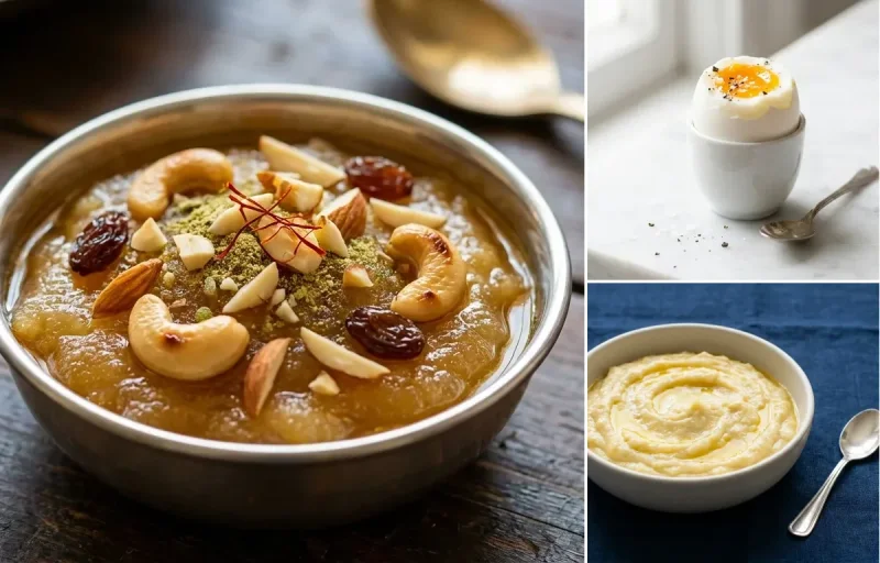 Suji Halwa with Soft-Boiled Egg with Mashed Banana
