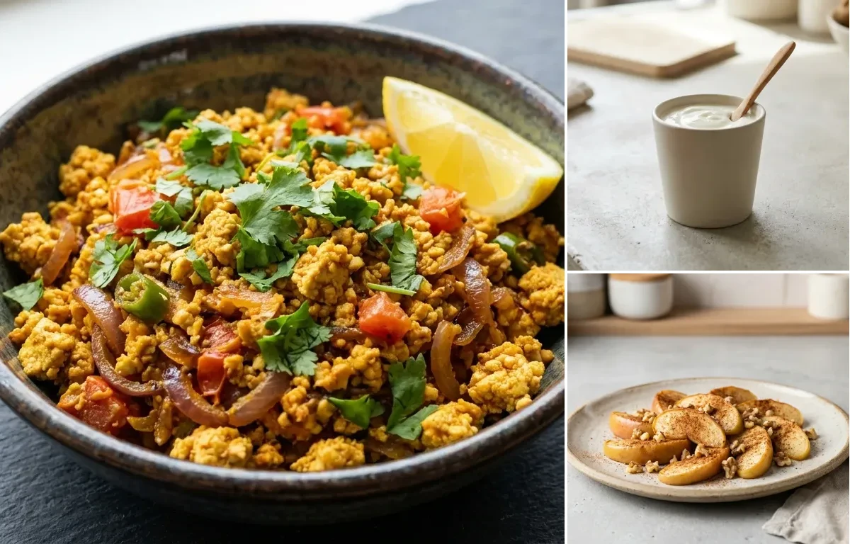 Suji Vegetable Chilla with Mint Coriander Chutney No-Salt, Tofu Bhurji, Plain Yogurt Cup and Apple With Cinnamon