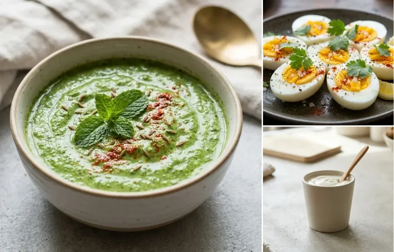 Suji Vegetable Chilla with Mint Yogurt Chutney, Boiled Egg, Plain Yogurt Cup and Yogurt With Fruit