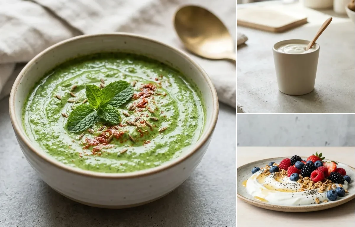 Suji Vegetable Chilla with Mint Yogurt Chutney, Plain Yogurt Cup and Yogurt Berry Bowl