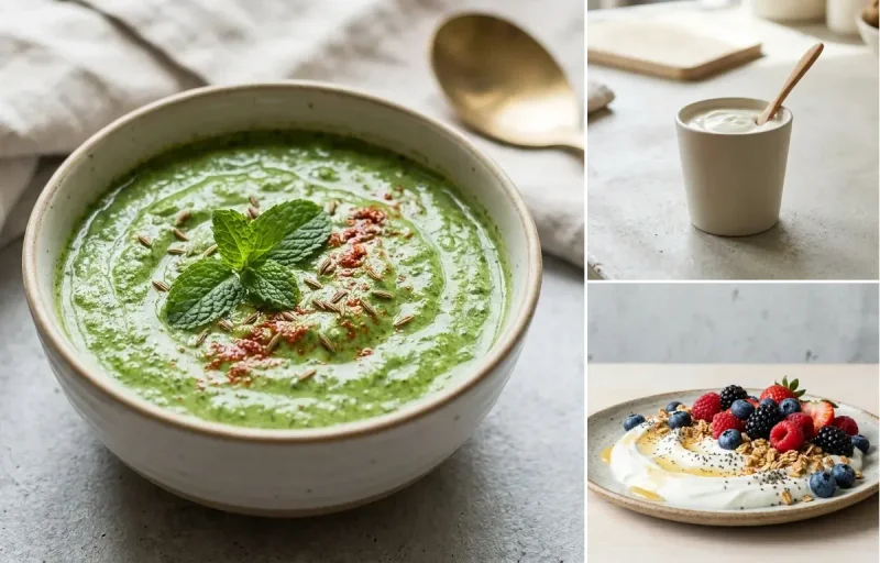 Suji Vegetable Chilla with Mint Yogurt Chutney, Plain Yogurt Cup and Yogurt Berry Bowl