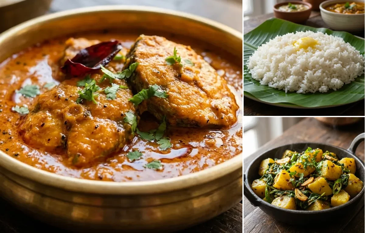 Surmai Curry with Steamed White Rice with Aloo Methi Sabzi with Chaas (