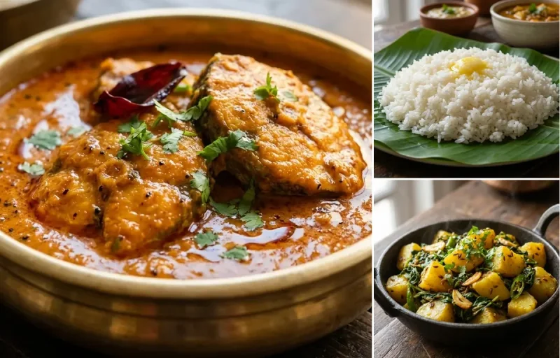 Surmai Curry with Steamed White Rice with Aloo Methi Sabzi with Chaas (